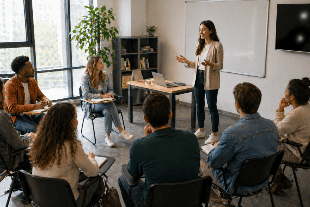 Titre Pro Conseiller de vente à Dijon étudiants en formation en disposition cercle avec formatrice