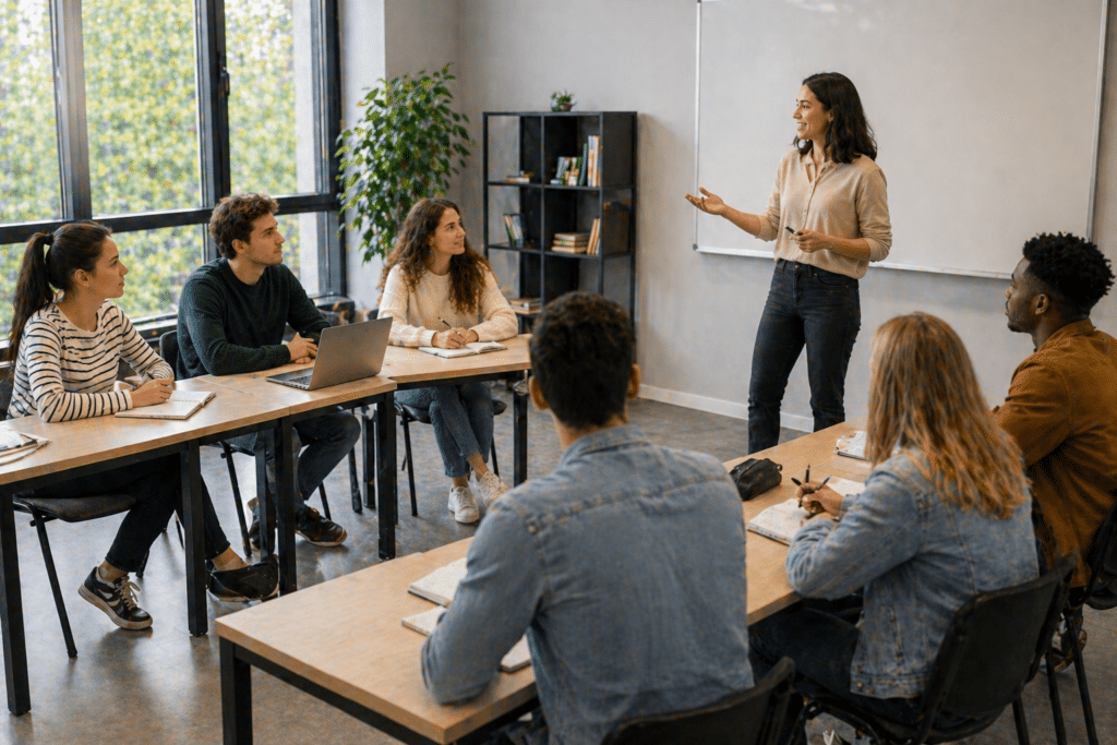 Titre Pro Conseiller de vente à Dijon étudiants en formation en disposition en îlots avec formatrice