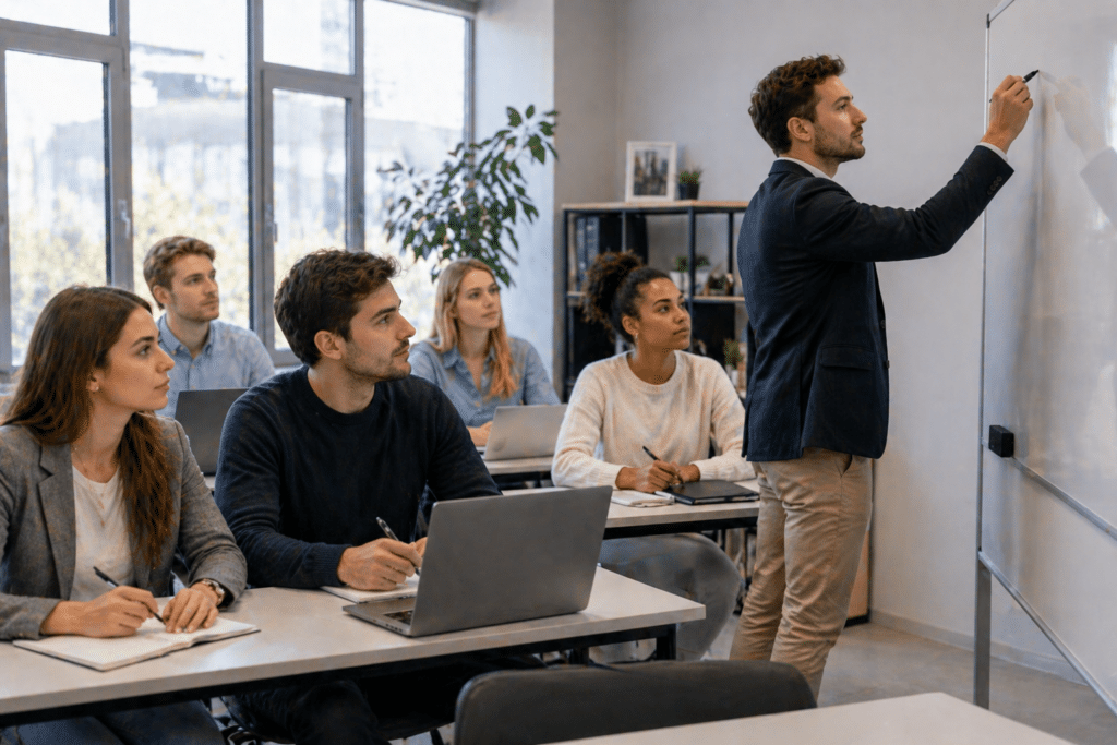 Mastère Manager d’Affaires à Dijon étudiants en formation avec formateur en salle de classe