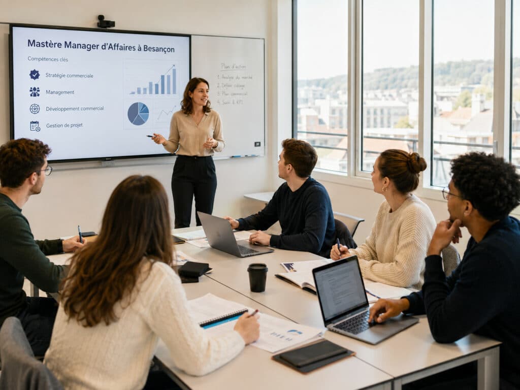 Cours du Mastère Manager d’Affaires à Besançon avec une formatrice et des étudiants en alternance.