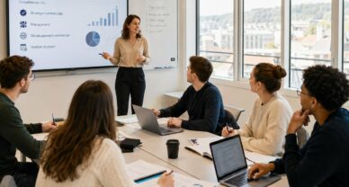 Cours du Mastère Manager d’Affaires à Besançon avec une formatrice et des étudiants en alternance.