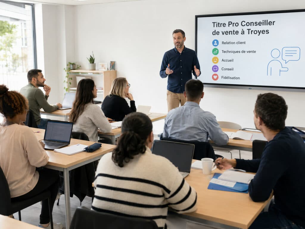 Cours du Titre Pro Conseiller de vente à Troyes avec un formateur et des étudiants en salle de classe.