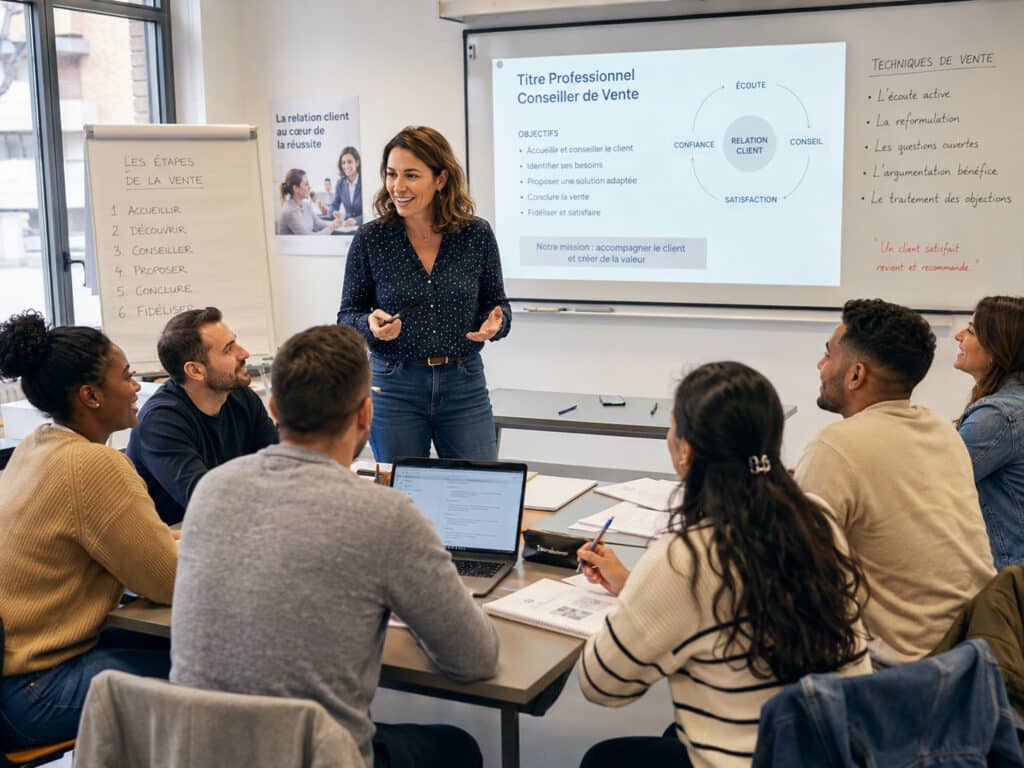 Étudiants en Titre Pro CV à Reims échangeant avec une formatrice en salle de classe.