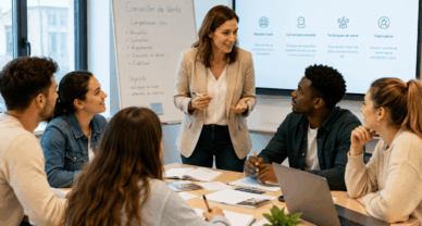 Étudiants en formation Titre Pro CV à Reims échangeant avec une formatrice en salle de cours.