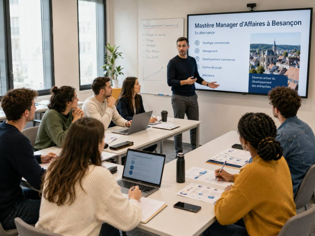 Cours du Mastère Manager d’Affaires à Besançon avec un formateur et des étudiants en alternance.