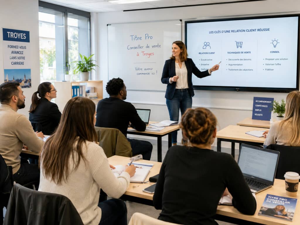 Cours en salle pour le Titre Pro Conseiller de vente à Troyes avec une formatrice et des étudiants.