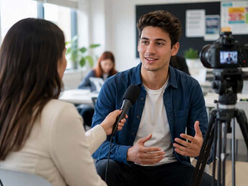 Un étudiant répond à une interview face caméra dans un environnement professionnel. Cette image illustre les témoignages et retours d’expérience des étudiants suivant un Bachelor RDC à Toulon.
