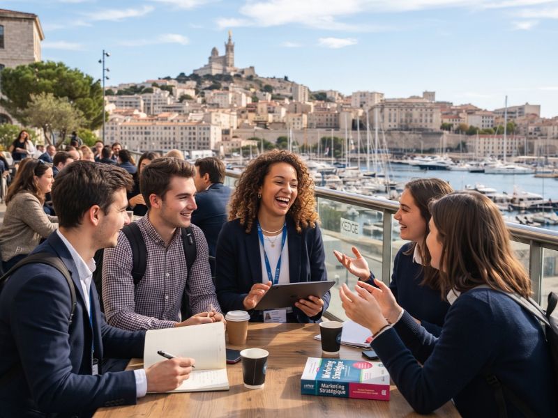 Un groupe d'étudiants souriants en pause sur une terrasse face au Vieux-Port dans le cadre du Bachelor Responsable du Développement Commercial à Marseille.