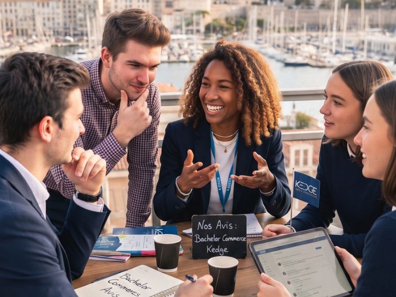 Des étudiants en école de commerce partageant leurs avis constructifs sur le Bachelor Responsable du Développement Commercial à Marseille.