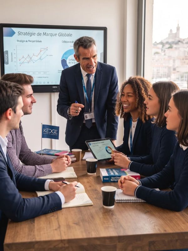 Un professeur de commerce expliquant un graphique à des étudiants attentifs en salle de classe pour le Bachelor Responsable du Développement Commercial à Marseille.